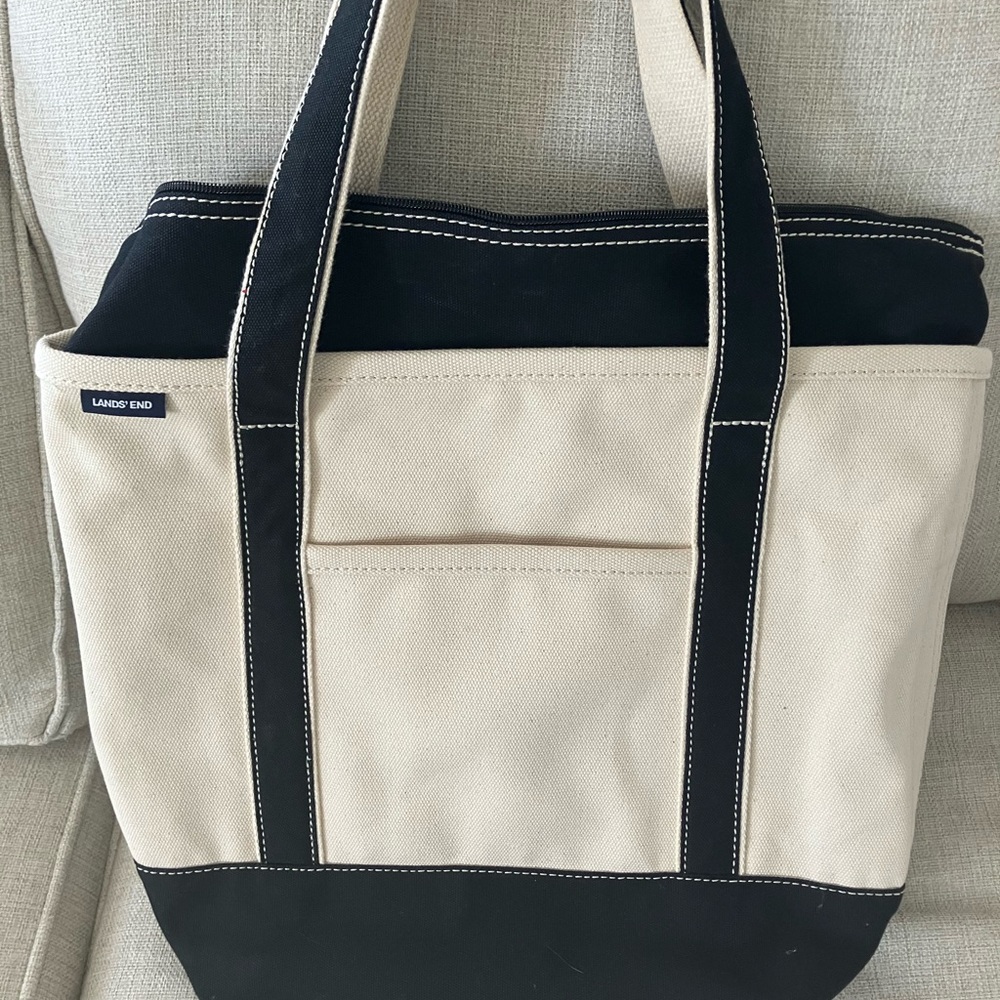 Lands' End Black and Cream Tote Bag
